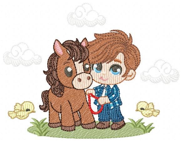 Cowboy embroidery design - Baby boy with horse and birds machine embroidery pattern - Farm ranch embroidery file - Instant digital download