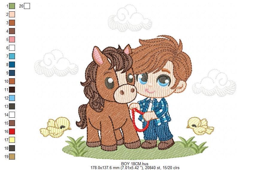 Cowboy embroidery design - Baby boy with horse and birds machine embroidery pattern - Farm ranch embroidery file - Instant digital download