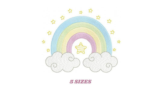 Rainbow with stars and clouds embroidery design - Colorful Rainbow machine embroidery pattern - Instant digital download pes jef dst hus vp3