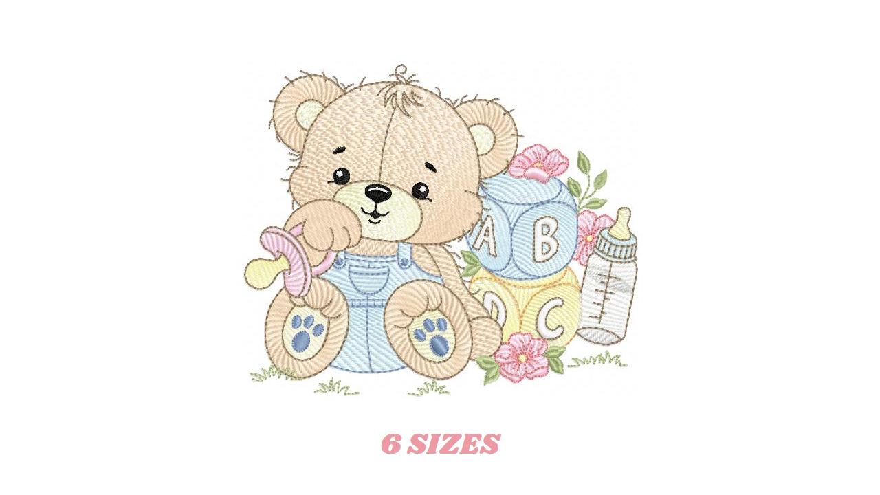 Baby Boy Bear with toys embroidery designs - Male Bear with pacifier embroidery design machine embroidery pattern - instant download pes jef