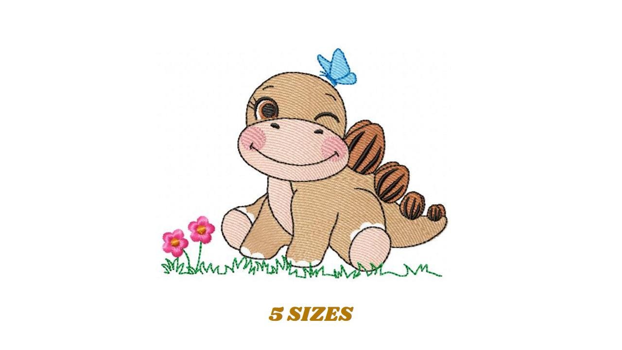 Dinosaur embroidery designs - Baby Boy Dino machine embroidery pattern - Brontosaurus with Butterfly - instant digital download pes jef dst