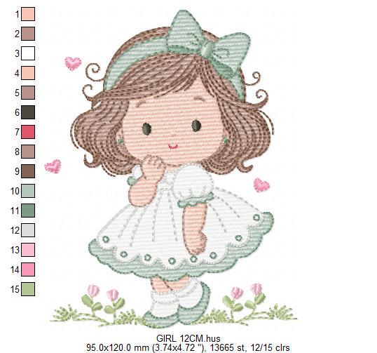 Baby girl embroidery designs - Girl with long hair and lace machine embroidery pattern - Princess with flower - Instant download pes jef dst
