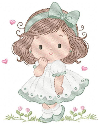 Baby girl embroidery designs - Girl with long hair and lace machine embroidery pattern - Princess with flower - Instant download pes jef dst