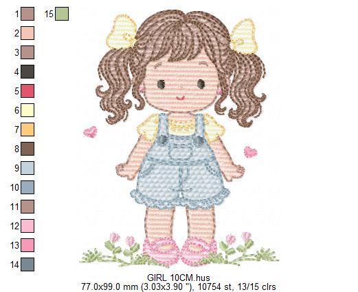 Baby girl embroidery designs - Girl with long hair ponytail and hearts machine embroidery pattern - Princess with flower - Instant download