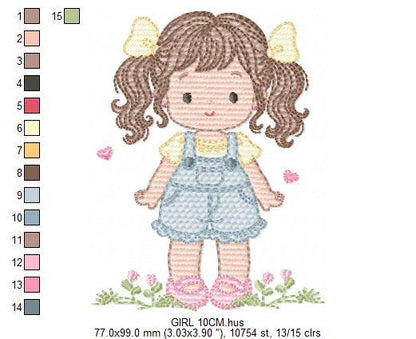 Baby girl embroidery designs - Girl with long hair ponytail and hearts machine embroidery pattern - Princess with flower - Instant download