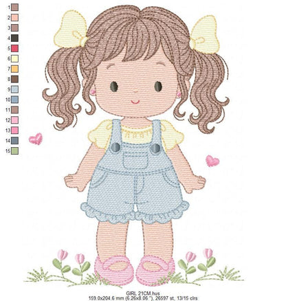 Baby girl embroidery designs - Girl with long hair ponytail and hearts machine embroidery pattern - Princess with flower - Instant download