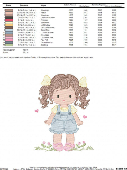 Baby girl embroidery designs - Girl with long hair ponytail and hearts machine embroidery pattern - Princess with flower - Instant download