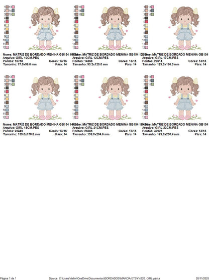 Baby girl embroidery designs - Girl with long hair ponytail and hearts machine embroidery pattern - Princess with flower - Instant download