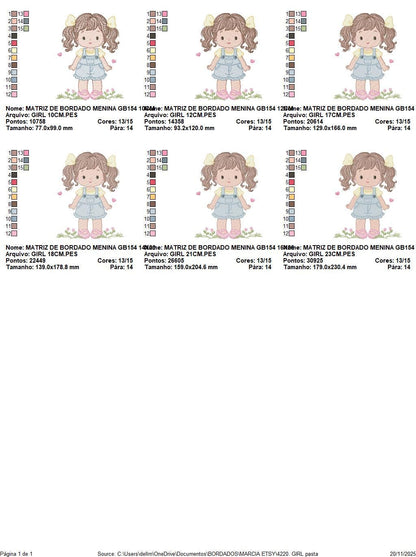 Baby girl embroidery designs - Girl with long hair ponytail and hearts machine embroidery pattern - Princess with flower - Instant download