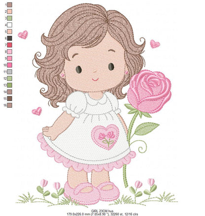 Baby girl embroidery designs - Girl with long hair and rose machine embroidery pattern - Princess with flower - Instant download pes jef hus