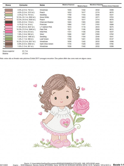 Baby girl embroidery designs - Girl with long hair and rose machine embroidery pattern - Princess with flower - Instant download pes jef hus