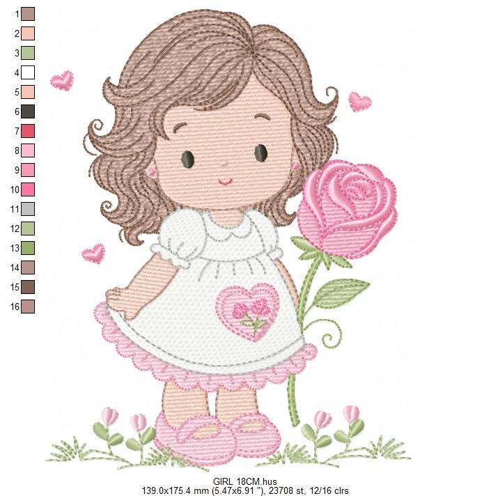 Baby girl embroidery designs - Girl with long hair and rose machine embroidery pattern - Princess with flower - Instant download pes jef hus