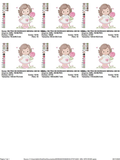 Baby girl embroidery designs - Girl with long hair and rose machine embroidery pattern - Princess with flower - Instant download pes jef hus