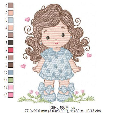 Girl with long hair and flowers embroidery designs - Princess machine embroidery pattern - Girl with lace and hearts - Instant download jef