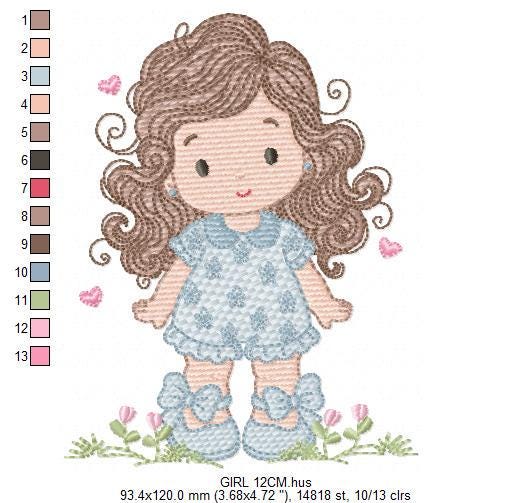 Girl with long hair and flowers embroidery designs - Princess machine embroidery pattern - Girl with lace and hearts - Instant download jef