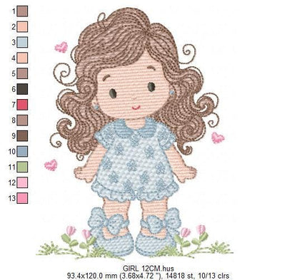 Girl with long hair and flowers embroidery designs - Princess machine embroidery pattern - Girl with lace and hearts - Instant download jef