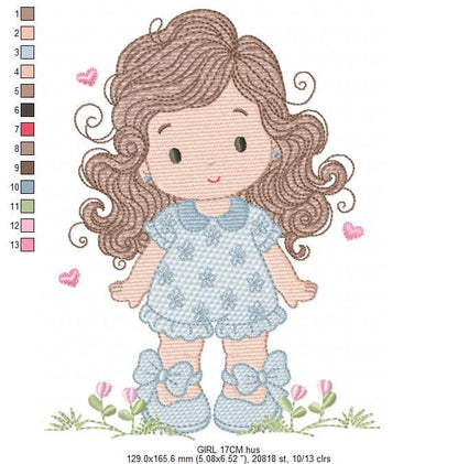 Girl with long hair and flowers embroidery designs - Princess machine embroidery pattern - Girl with lace and hearts - Instant download jef