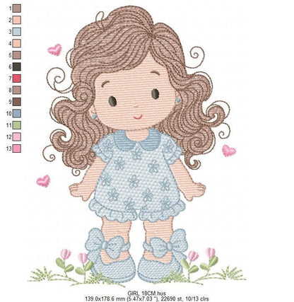 Girl with long hair and flowers embroidery designs - Princess machine embroidery pattern - Girl with lace and hearts - Instant download jef