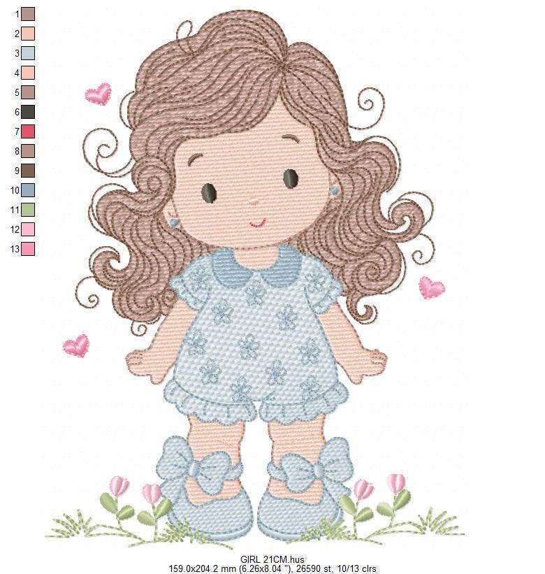 Girl with long hair and flowers embroidery designs - Princess machine embroidery pattern - Girl with lace and hearts - Instant download jef