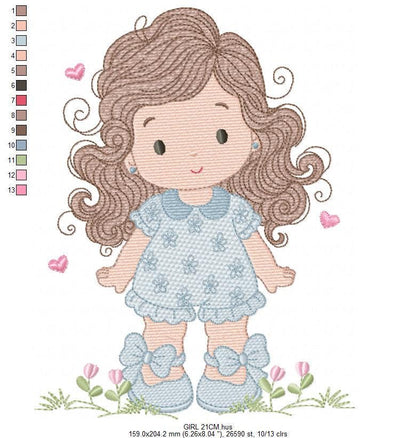 Girl with long hair and flowers embroidery designs - Princess machine embroidery pattern - Girl with lace and hearts - Instant download jef