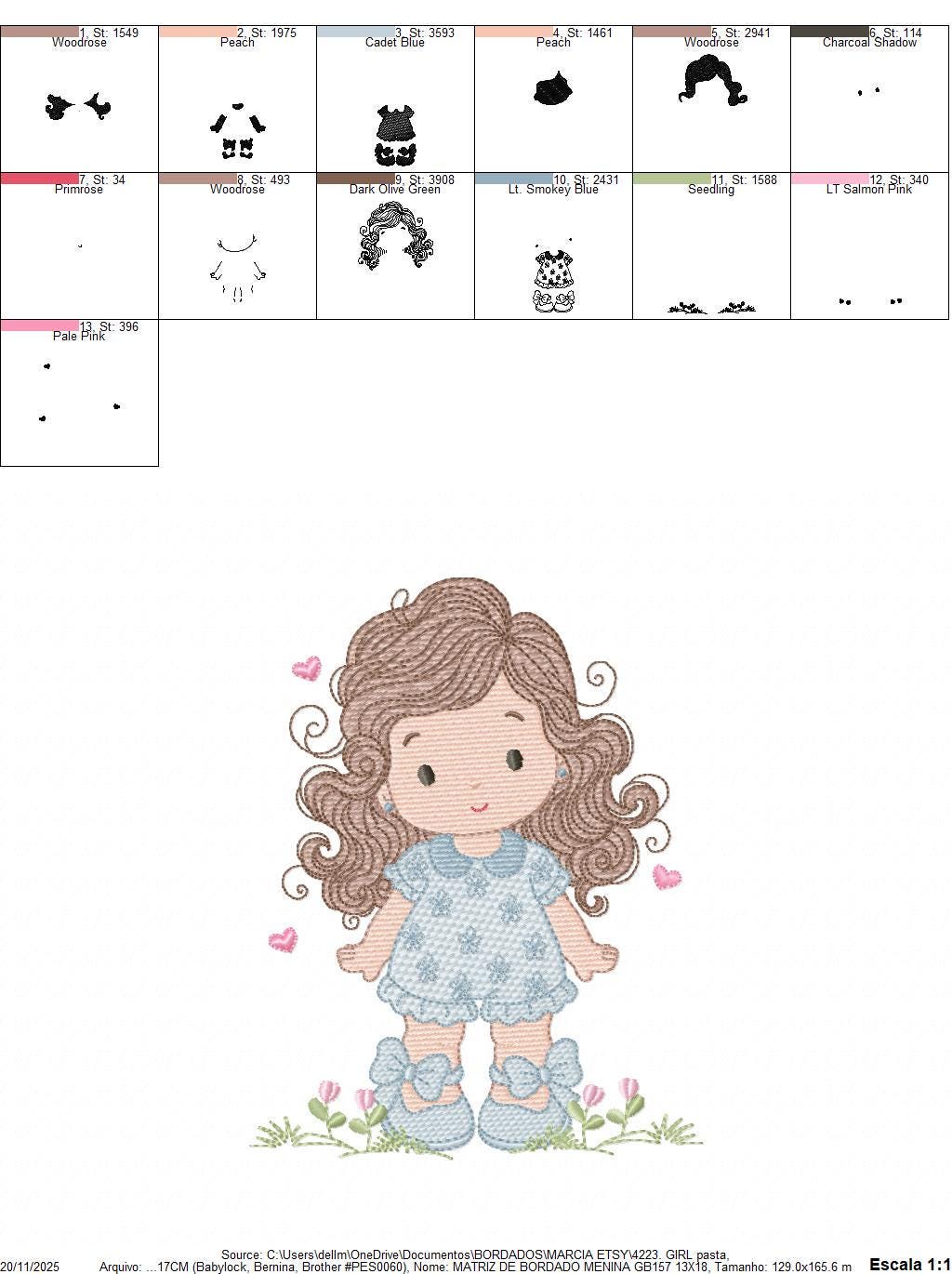 Girl with long hair and flowers embroidery designs - Princess machine embroidery pattern - Girl with lace and hearts - Instant download jef