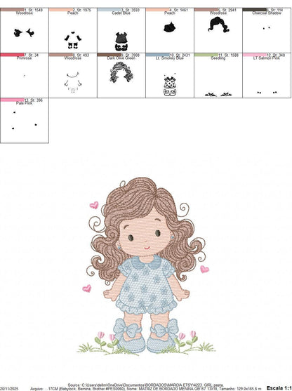 Girl with long hair and flowers embroidery designs - Princess machine embroidery pattern - Girl with lace and hearts - Instant download jef