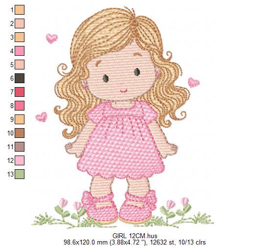 Girl with long hair and flowers embroidery designs - Princess machine embroidery pattern - Girl with lace and hearts - Instant download pes
