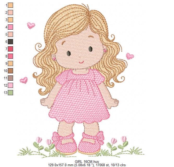 Girl with long hair and flowers embroidery designs - Princess machine embroidery pattern - Girl with lace and hearts - Instant download pes
