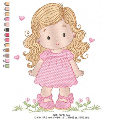 Girl with long hair and flowers embroidery designs - Princess machine embroidery pattern - Girl with lace and hearts - Instant download pes
