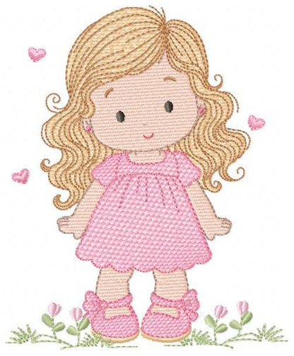 Girl with long hair and flowers embroidery designs - Princess machine embroidery pattern - Girl with lace and hearts - Instant download pes