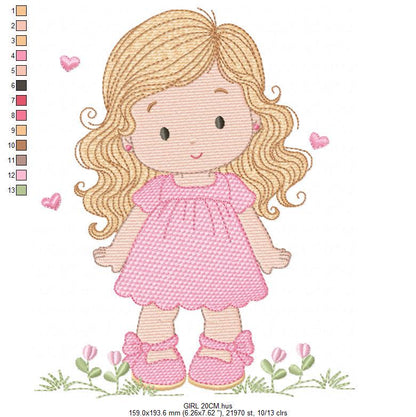 Girl with long hair and flowers embroidery designs - Princess machine embroidery pattern - Girl with lace and hearts - Instant download pes