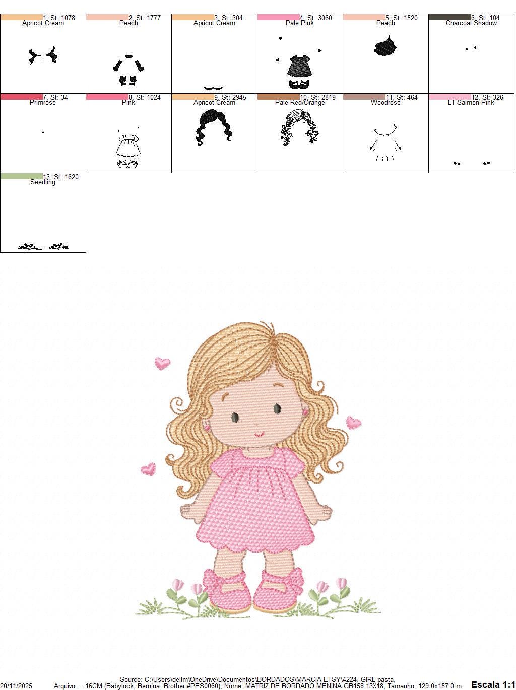 Girl with long hair and flowers embroidery designs - Princess machine embroidery pattern - Girl with lace and hearts - Instant download pes