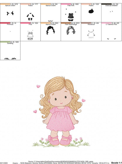Girl with long hair and flowers embroidery designs - Princess machine embroidery pattern - Girl with lace and hearts - Instant download pes