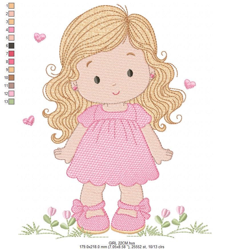 Girl with long hair and flowers embroidery designs - Princess machine embroidery pattern - Girl with lace and hearts - Instant download pes