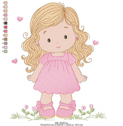 Girl with long hair and flowers embroidery designs - Princess machine embroidery pattern - Girl with lace and hearts - Instant download pes