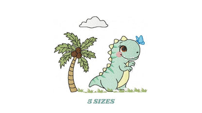 Dinosaur embroidery designs - Dino with coconut tree machine embroidery pattern - Baby Boy and Girl Tyrannosaurus T rex - Instant download