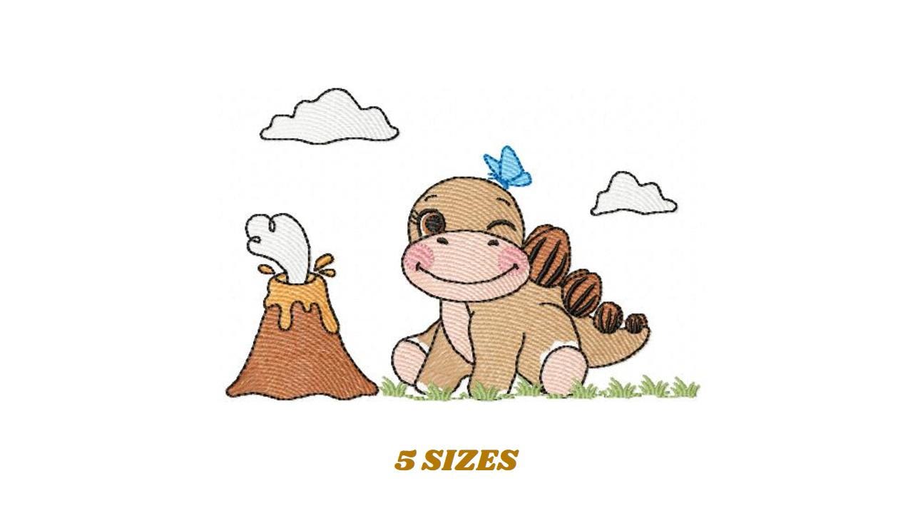 Dinosaur embroidery designs - Baby Boy Dino machine embroidery pattern - Brontosaurus with volcano - Instant digital download pes jef dst
