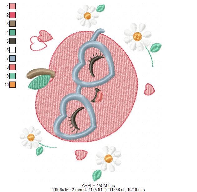 Apple embroidery designs - Fruit machine embroidery pattern - Kitchen Towel Apple with glasses file - Instant digital download pes jef dst