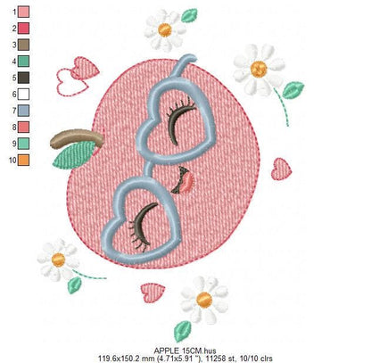 Apple embroidery designs - Fruit machine embroidery pattern - Kitchen Towel Apple with glasses file - Instant digital download pes jef dst