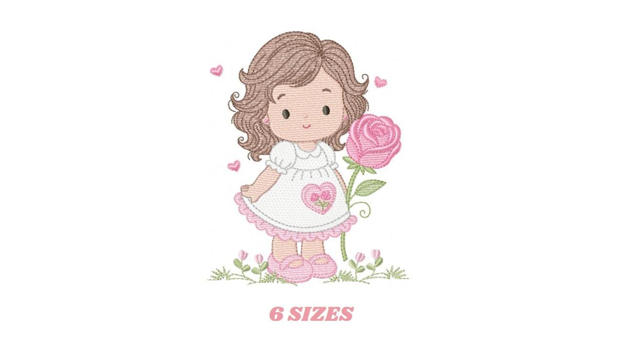 Baby girl embroidery designs - Girl with long hair and rose machine embroidery pattern - Princess with flower - Instant download pes jef hus