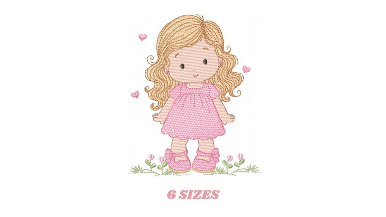Girl with long hair and flowers embroidery designs - Princess machine embroidery pattern - Girl with lace and hearts - Instant download pes