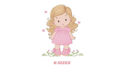 Girl with long hair and flowers embroidery designs - Princess machine embroidery pattern - Girl with lace and hearts - Instant download pes