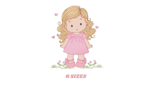 Girl with long hair and flowers embroidery designs - Princess machine embroidery pattern - Girl with lace and hearts - Instant download pes
