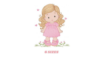 Girl with long hair and flowers embroidery design - Princess machine embroidery pattern - Girl with lace and hearts - Instant digital download pes jeft dst