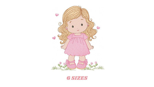 Girl with long hair and flowers embroidery design - Princess machine embroidery pattern - Girl with lace and hearts - Instant digital download pes jeft dst