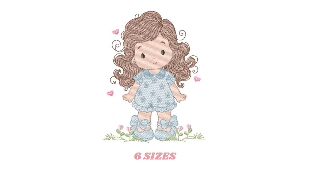 Girl with long hair and flowers embroidery designs - Princess machine embroidery pattern - Girl with lace and hearts - Instant download jef
