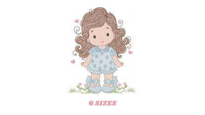 Girl with long hair and flowers embroidery designs - Princess machine embroidery pattern - Girl with lace and hearts - Instant download jef