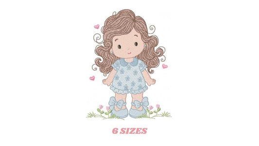 Girl with long hair and flowers embroidery designs - Princess machine embroidery pattern - Girl with lace and hearts - Instant download jef