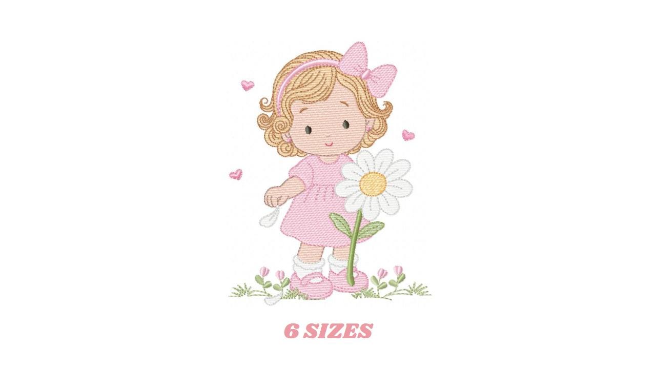 Girl with daisie embroidery designs - Princess with short hair and flowers machine embroidery pattern - Instant digital download pes jef dst
