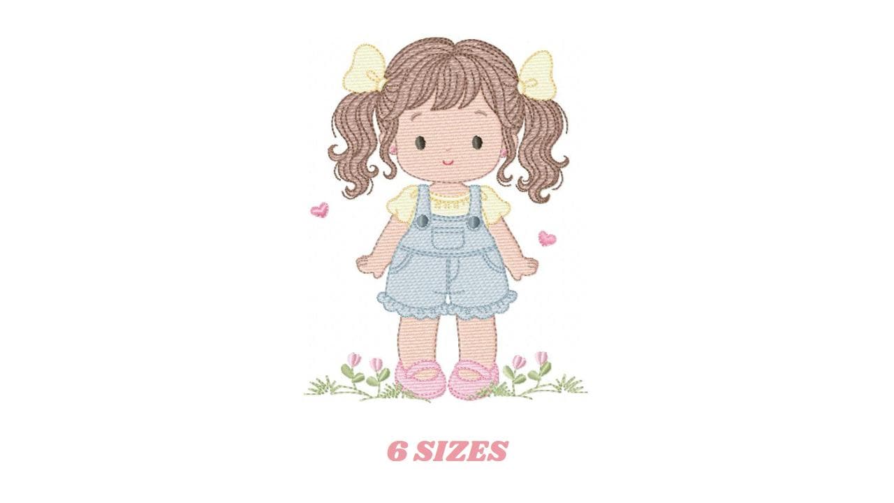 Baby girl embroidery designs - Girl with long hair ponytail and hearts machine embroidery pattern - Princess with flower - Instant download